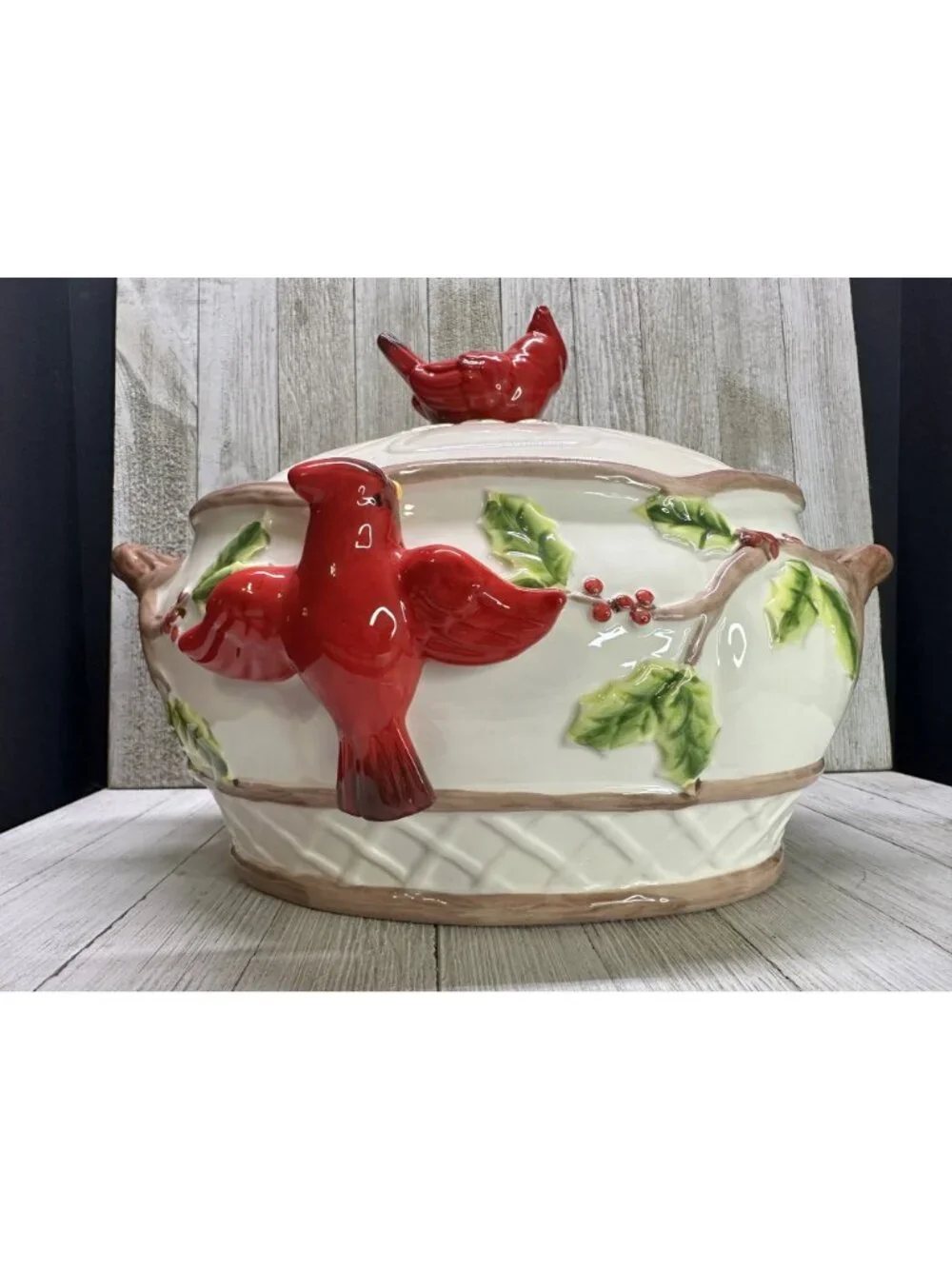 Vtg Cardinal & Berries Holly Serving Bowl Dish Holiday Decor Ceramic 11.5
